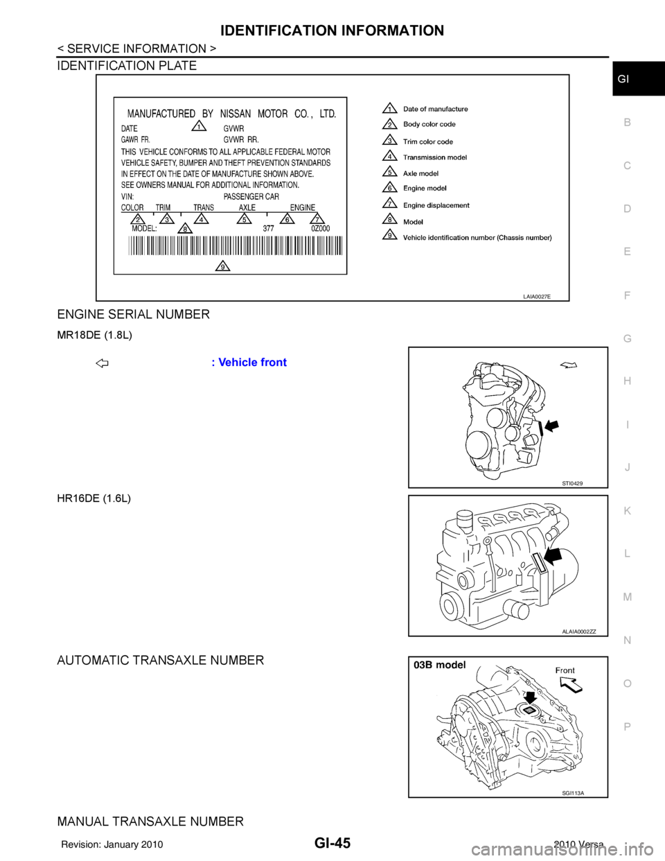 NISSAN LATIO 2010  Service Repair Manual IDENTIFICATION INFORMATIONGI-45
< SERVICE INFORMATION >
C
DE
F
G H
I
J
K L
M B
GI
N
O P
IDENTIFICATION PLATE 
ENGINE SERIAL NUMBER 
MR18DE (1.8L)
HR16DE (1.6L)
AUTOMATIC TRANSAXLE NUMBER 
MANUAL TRANS