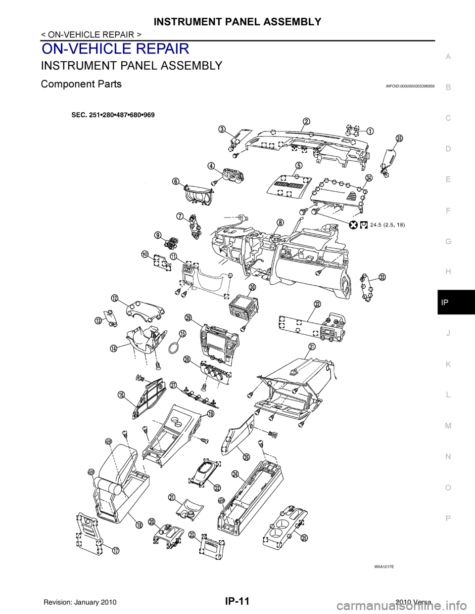NISSAN LATIO 2010 Service Repair Manual INSTRUMENT PANEL ASSEMBLYIP-11
< ON-VEHICLE REPAIR >
C
DE
F
G H
J
K L
M A
B
IP
N
O P
ON-VEHICLE REPAIR
INSTRUMENT PANEL ASSEMBLY
Component PartsINFOID:0000000005396856
WIIA1217E
Revision: January 2010 NISSAN LATIO 2010 Service Repair Manual INSTRUMENT PANEL ASSEMBLYIP-11
< ON-VEHICLE REPAIR >
C
DE
F
G H
J
K L
M A
B
IP
N
O P
ON-VEHICLE REPAIR
INSTRUMENT PANEL ASSEMBLY
Component PartsINFOID:0000000005396856
WIIA1217E
Revision: January 2010