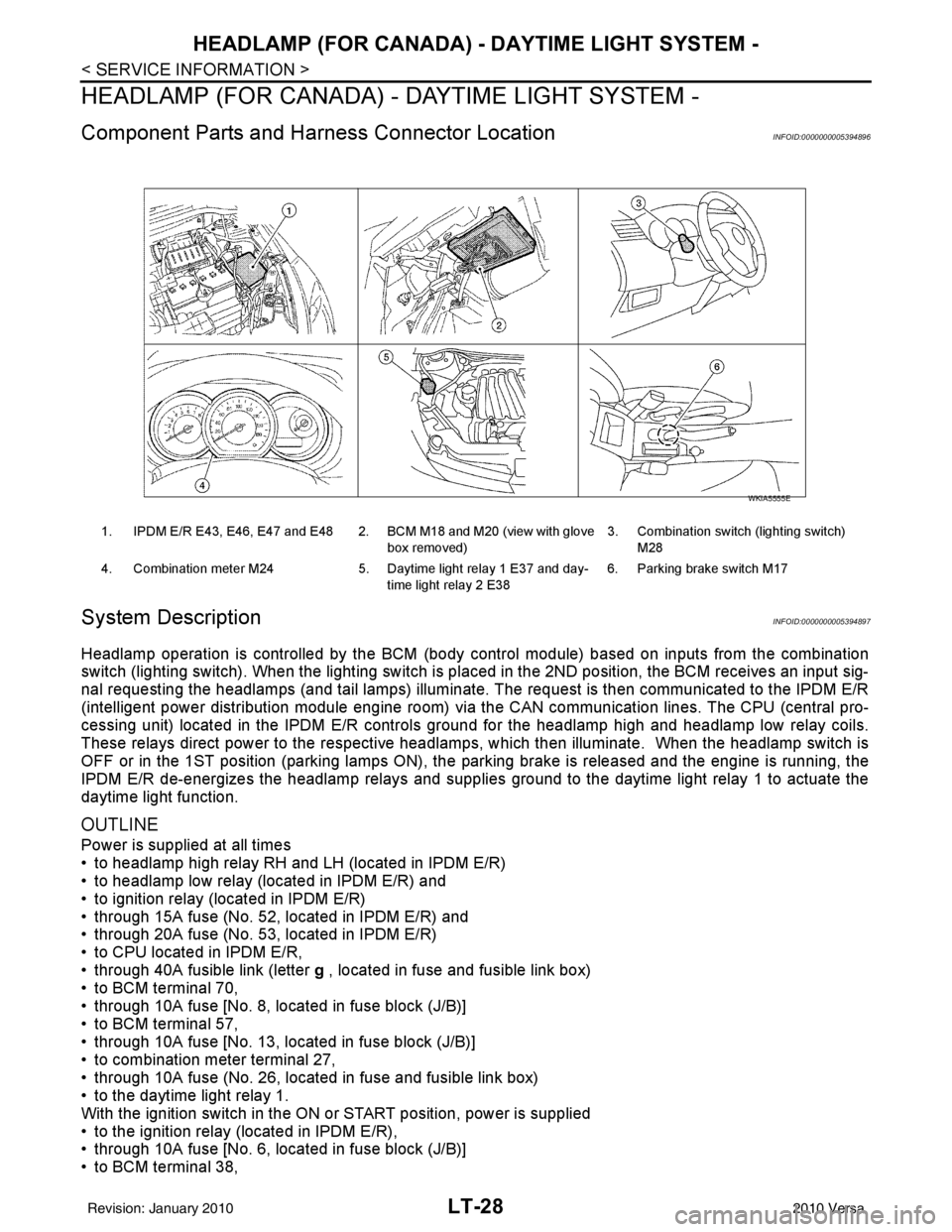 NISSAN LATIO 2010  Service Repair Manual LT-28
< SERVICE INFORMATION >
HEADLAMP (FOR CANADA) - DAYTIME LIGHT SYSTEM -
HEADLAMP (FOR CANADA) - DAYTIME LIGHT SYSTEM -
Component Parts and Harness Connector LocationINFOID:0000000005394896
System