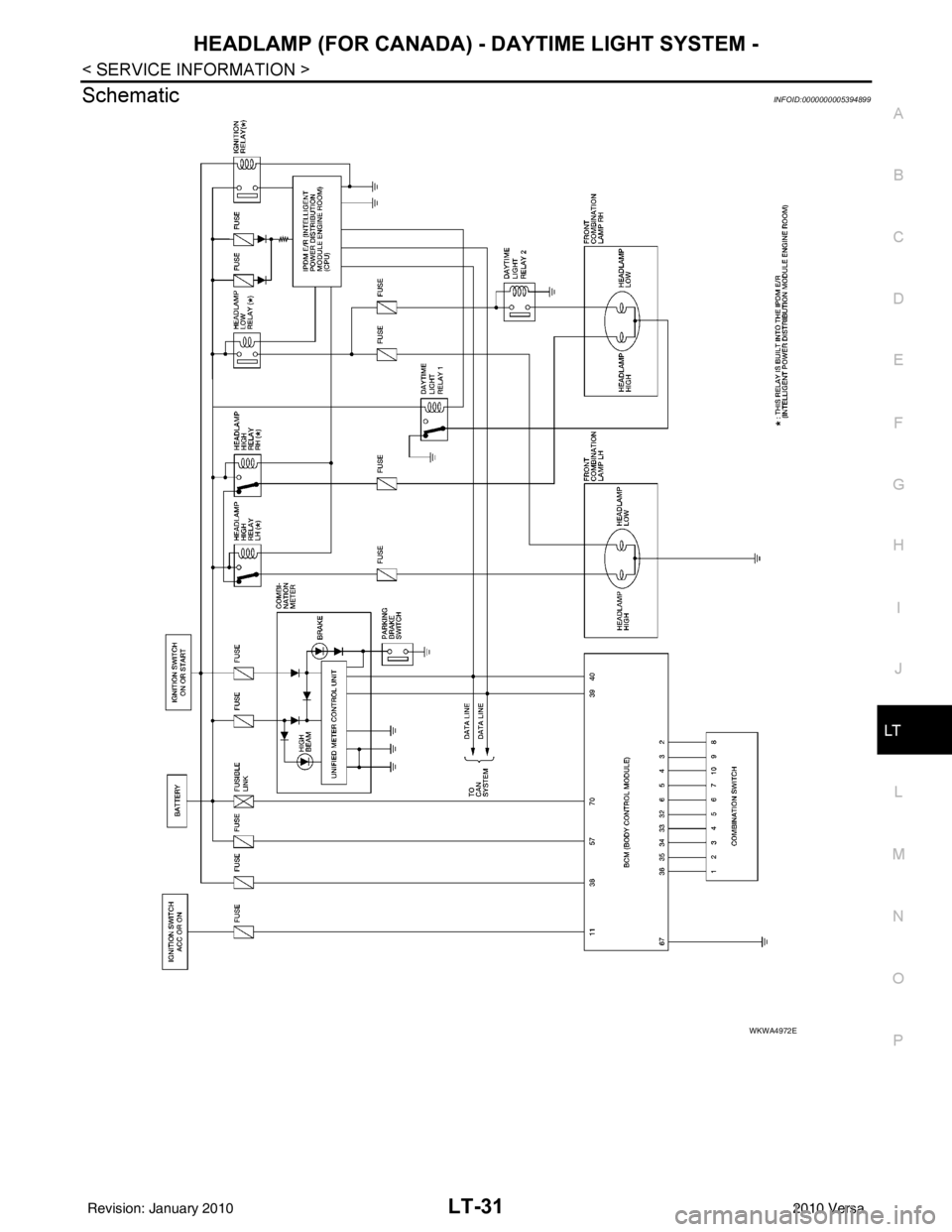 NISSAN LATIO 2010  Service Repair Manual HEADLAMP (FOR CANADA) - DAYTIME LIGHT SYSTEM -
LT-31
< SERVICE INFORMATION >
C
D E
F
G H
I
J
L
M A
B
LT
N
O P
SchematicINFOID:0000000005394899
WKWA4972E
Revision: January 20102010 Versa 