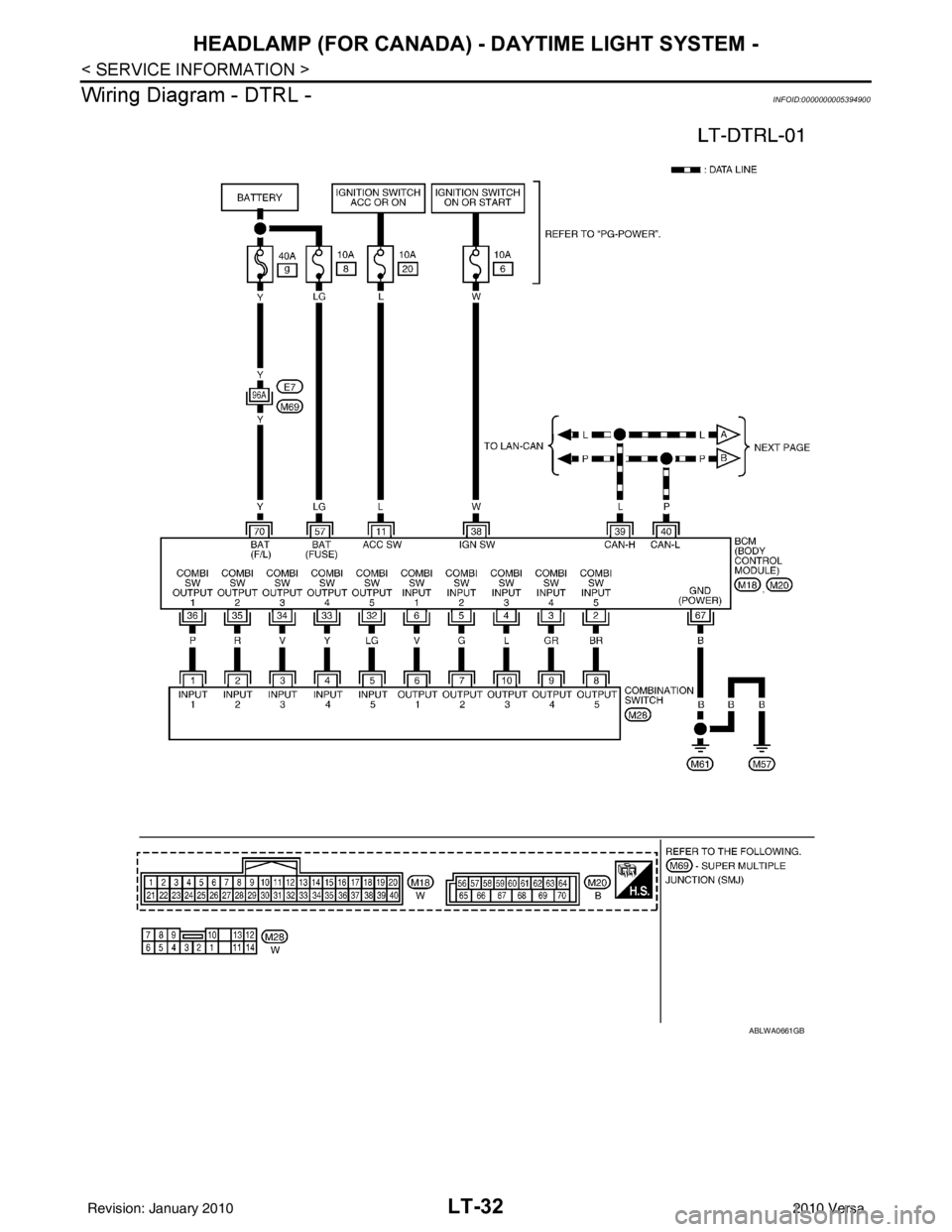 NISSAN LATIO 2010  Service Repair Manual LT-32
< SERVICE INFORMATION >
HEADLAMP (FOR CANADA) - DAYTIME LIGHT SYSTEM -
Wiring Diagram - DTRL -
INFOID:0000000005394900
ABLWA0661GB
Revision: January 20102010 Versa 