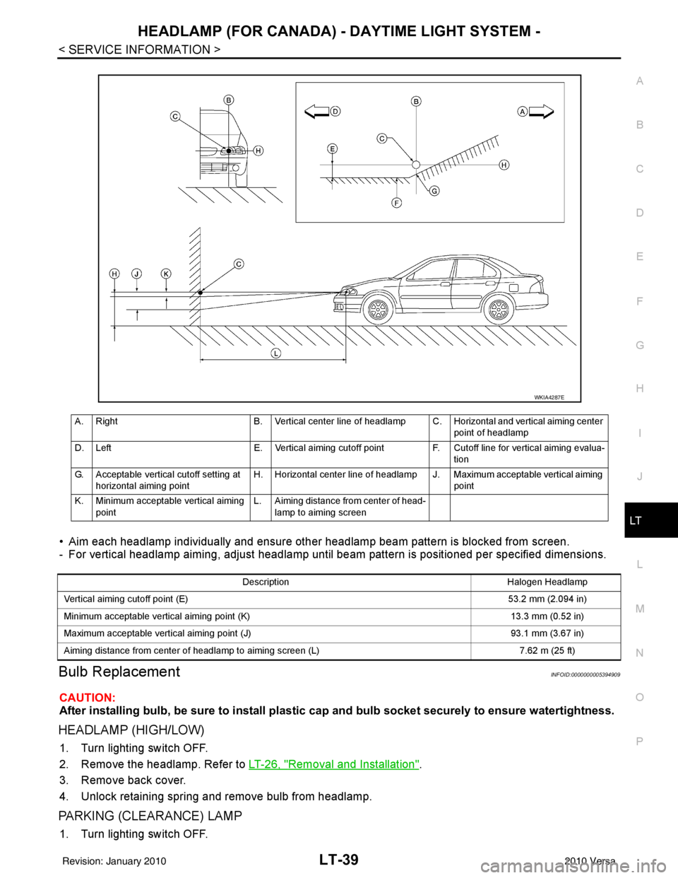 NISSAN LATIO 2010  Service Repair Manual HEADLAMP (FOR CANADA) - DAYTIME LIGHT SYSTEM -
LT-39
< SERVICE INFORMATION >
C
D E
F
G H
I
J
L
M A
B
LT
N
O P
• Aim each headlamp individually and ensure other headlamp beam pattern is blocked from 