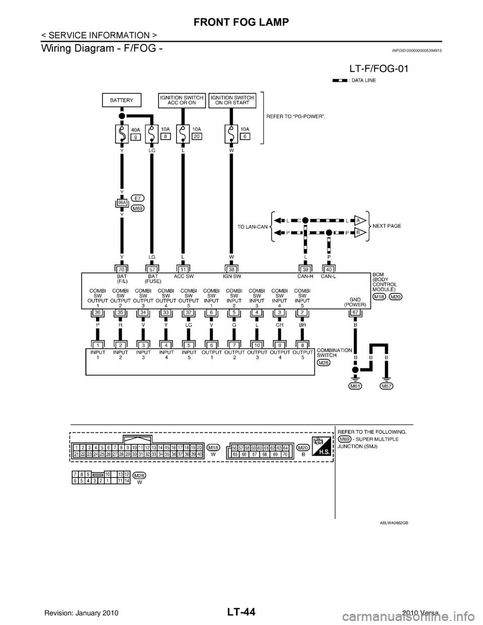 NISSAN LATIO 2010  Service Repair Manual LT-44
< SERVICE INFORMATION >
FRONT FOG LAMP
Wiring Diagram - F/FOG -
INFOID:0000000005394915
ABLWA0662GB
Revision: January 20102010 Versa 