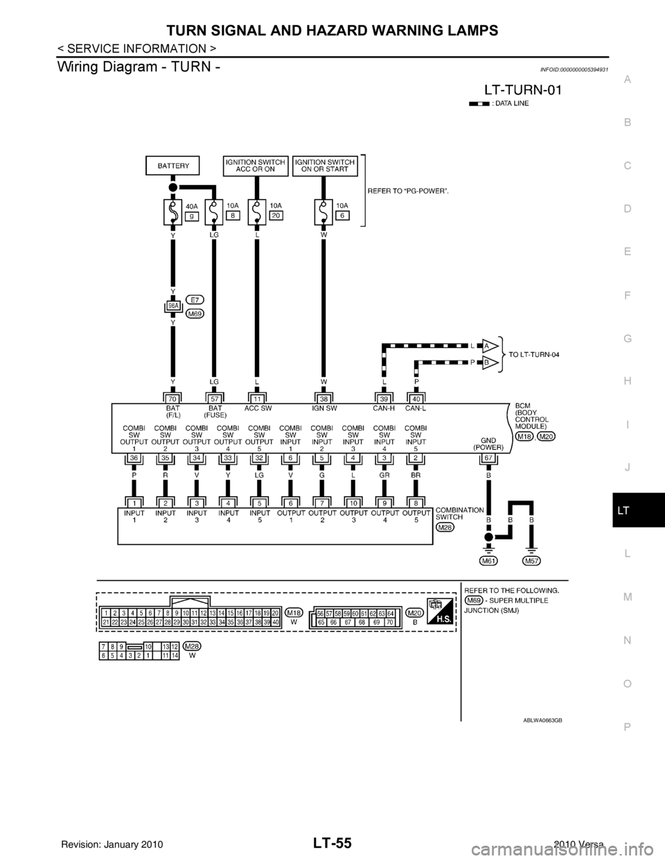 NISSAN LATIO 2010  Service Repair Manual TURN SIGNAL AND HAZARD WARNING LAMPSLT-55
< SERVICE INFORMATION >
C
DE
F
G H
I
J
L
M A
B
LT
N
O P
Wiring Diagram - TURN -INFOID:0000000005394931
ABLWA0663GB
Revision: January 20102010 Versa 