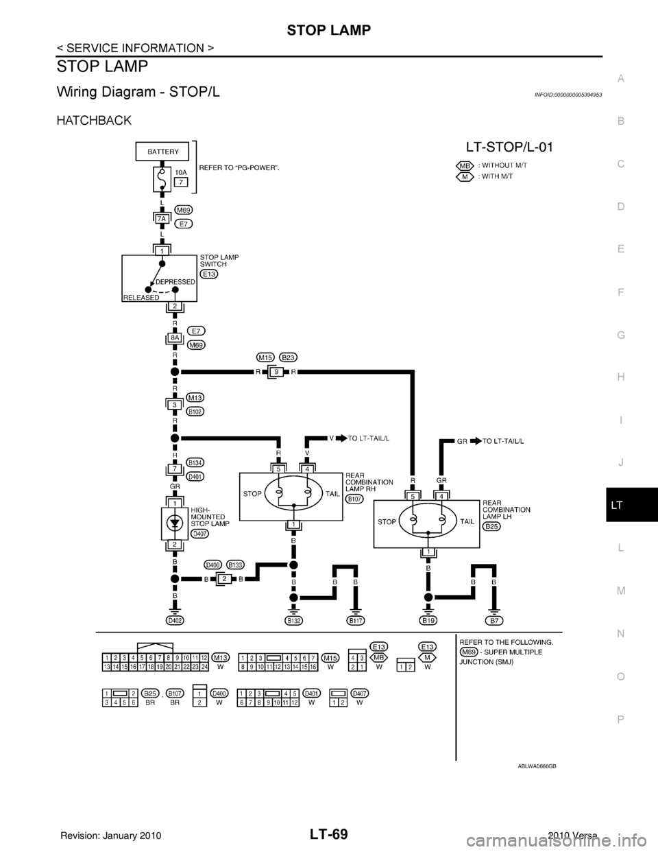 NISSAN LATIO 2010  Service Repair Manual STOP LAMPLT-69
< SERVICE INFORMATION >
C
DE
F
G H
I
J
L
M A
B
LT
N
O P
STOP LAMP
Wiring Diagram - STOP/LINFOID:0000000005394953
HATCHBACK
ABLWA0666GB
Revision: January 20102010 Versa 