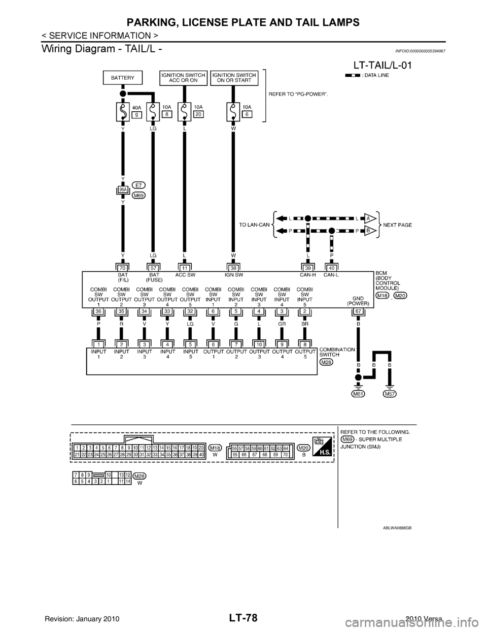 NISSAN LATIO 2010  Service Repair Manual LT-78
< SERVICE INFORMATION >
PARKING, LICENSE PLATE AND TAIL LAMPS
Wiring Diagram - TAIL/L -
INFOID:0000000005394967
ABLWA0668GB
Revision: January 20102010 Versa 