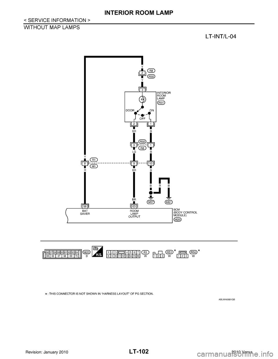 NISSAN LATIO 2010 Service Repair Manual LT-102
< SERVICE INFORMATION >
INTERIOR ROOM LAMP
WITHOUT MAP LAMPS
ABLWA0681GB
Revision: January 20102010 Versa NISSAN LATIO 2010 Service Repair Manual LT-102
< SERVICE INFORMATION >
INTERIOR ROOM LAMP
WITHOUT MAP LAMPS
ABLWA0681GB
Revision: January 20102010 Versa