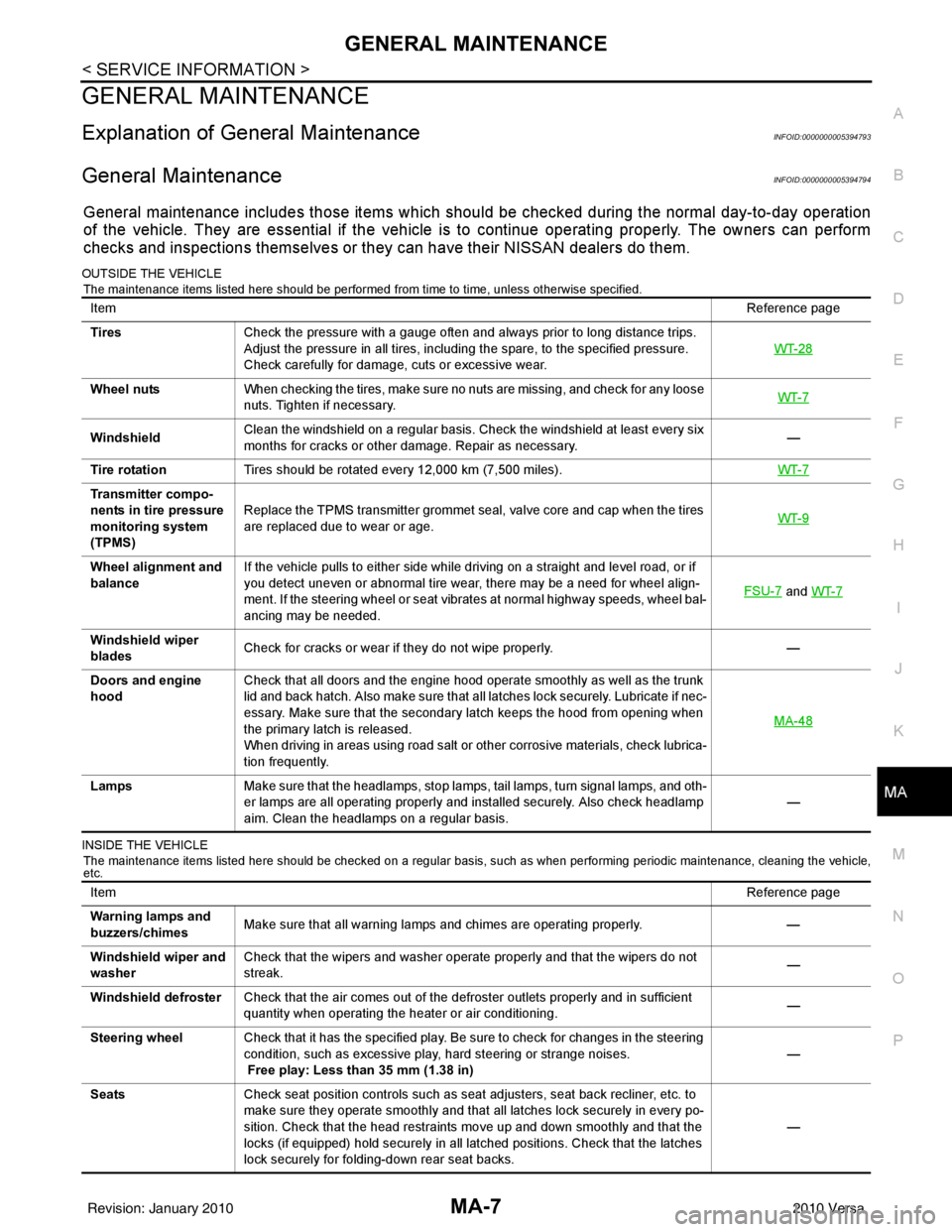NISSAN LATIO 2010  Service Repair Manual GENERAL MAINTENANCEMA-7
< SERVICE INFORMATION >
C
DE
F
G H
I
J
K
M A
B
MA
N
O P
GENERAL MAINTENANCE
Explanation of Gene ral MaintenanceINFOID:0000000005394793
General MaintenanceINFOID:000000000539479