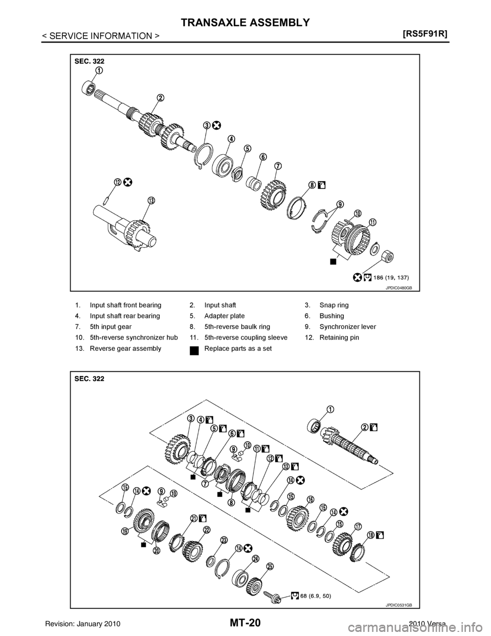 NISSAN LATIO 2010  Service Repair Manual MT-20
< SERVICE INFORMATION >[RS5F91R]
TRANSAXLE ASSEMBLY
1. Input shaft front bearing 2. Input shaft
3. Snap ring
4. Input shaft rear bearing 5. Adapter plate 6. Bushing
7. 5th input gear 8. 5th-reve