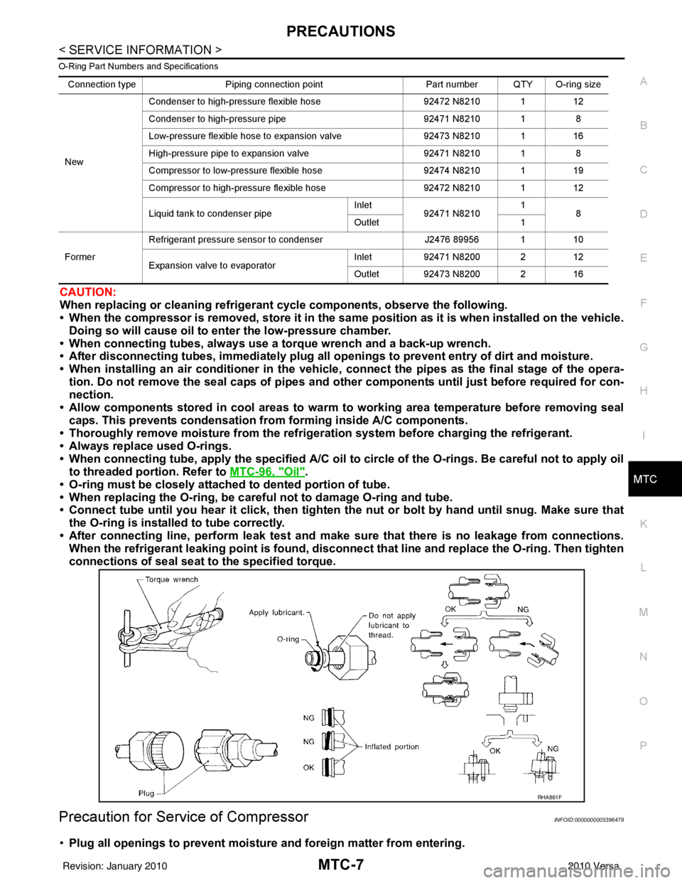 NISSAN LATIO 2010 Service Repair Manual PRECAUTIONSMTC-7
< SERVICE INFORMATION >
C
DE
F
G H
I
K L
M A
B
MTC
N
O P
O-Ring Part Numbers and Specifications
CAUTION:
When replacing or cleaning refrigerant cycle components, observe the followin NISSAN LATIO 2010 Service Repair Manual PRECAUTIONSMTC-7
< SERVICE INFORMATION >
C
DE
F
G H
I
K L
M A
B
MTC
N
O P
O-Ring Part Numbers and Specifications
CAUTION:
When replacing or cleaning refrigerant cycle components, observe the followin