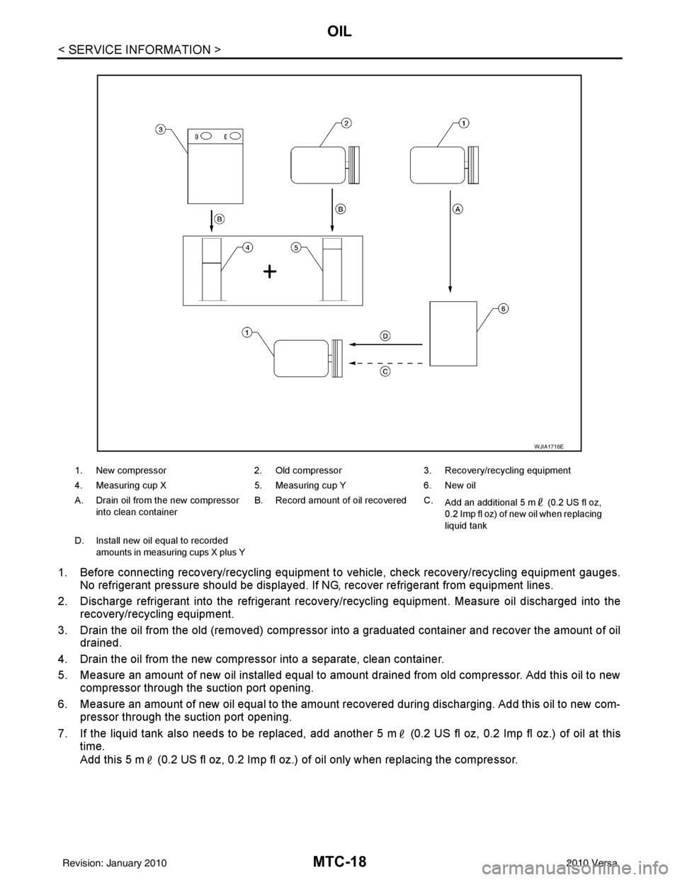 NISSAN LATIO 2010 Service Repair Manual MTC-18
< SERVICE INFORMATION >
OIL
1. Before connecting recovery/recycling equipment to vehicle, check recovery/recycling equipment gauges.
No refrigerant pressure should be displayed. If NG, recover NISSAN LATIO 2010 Service Repair Manual MTC-18
< SERVICE INFORMATION >
OIL
1. Before connecting recovery/recycling equipment to vehicle, check recovery/recycling equipment gauges.
No refrigerant pressure should be displayed. If NG, recover