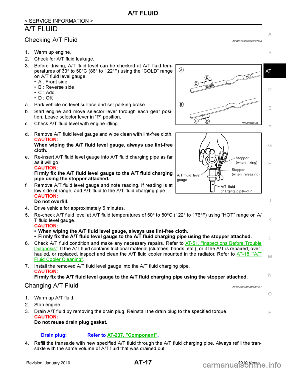 NISSAN LATIO 2010  Service Owners Guide A/T FLUIDAT-17
< SERVICE INFORMATION >
DE
F
G H
I
J
K L
M A
B
AT
N
O P
A/T FLUID
Checking A/T FluidINFOID:0000000005397216
1. Warm up engine.
2. Check for A/T fluid leakage.
3. Before driving, A/T flu