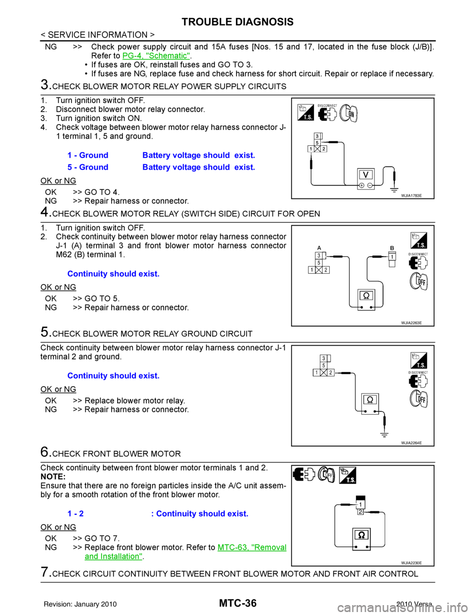 NISSAN LATIO 2010  Service Repair Manual MTC-36
< SERVICE INFORMATION >
TROUBLE DIAGNOSIS
NG >> Check power supply circuit and 15A fuses [Nos. 15 and 17, located in the fuse block (J/B)].Refer to PG-4, "
Schematic".
• If fuses are OK, rein