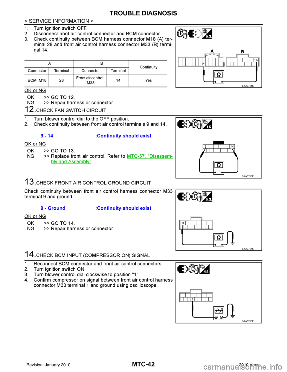 NISSAN LATIO 2010  Service Repair Manual MTC-42
< SERVICE INFORMATION >
TROUBLE DIAGNOSIS
1. Turn ignition switch OFF.
2. Disconnect front air control connector and BCM connector.
3. Check continuity between BCM harness connector M18 (A) ter