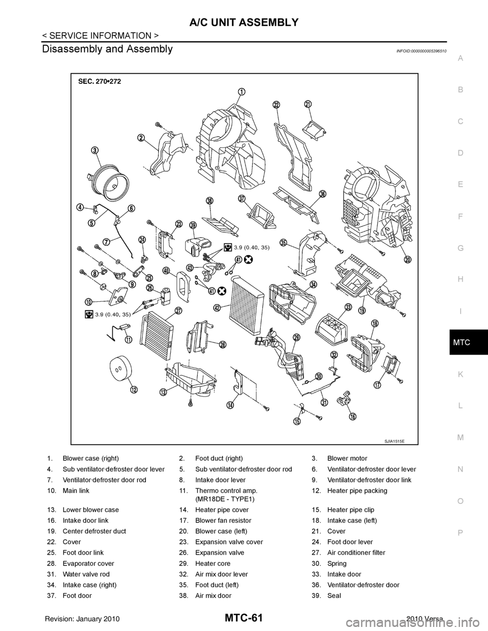 NISSAN LATIO 2010  Service Repair Manual A/C UNIT ASSEMBLYMTC-61
< SERVICE INFORMATION >
C
DE
F
G H
I
K L
M A
B
MTC
N
O P
Disassembly and AssemblyINFOID:0000000005396510
1. Blower case (right) 2. Foot duct (right) 3. Blower motor
4. Sub vent