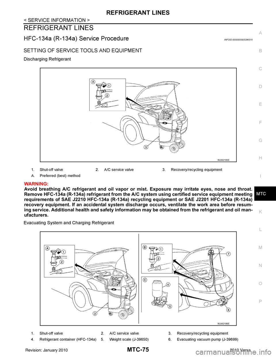 NISSAN LATIO 2010 Service Repair Manual REFRIGERANT LINESMTC-75
< SERVICE INFORMATION >
C
DE
F
G H
I
K L
M A
B
MTC
N
O P
REFRIGERANT LINES
HFC-134a (R-134a) Service ProcedureINFOID:0000000005396519
SETTING OF SERVICE TOOLS AND EQUIPMENT
Di NISSAN LATIO 2010 Service Repair Manual REFRIGERANT LINESMTC-75
< SERVICE INFORMATION >
C
DE
F
G H
I
K L
M A
B
MTC
N
O P
REFRIGERANT LINES
HFC-134a (R-134a) Service ProcedureINFOID:0000000005396519
SETTING OF SERVICE TOOLS AND EQUIPMENT
Di
