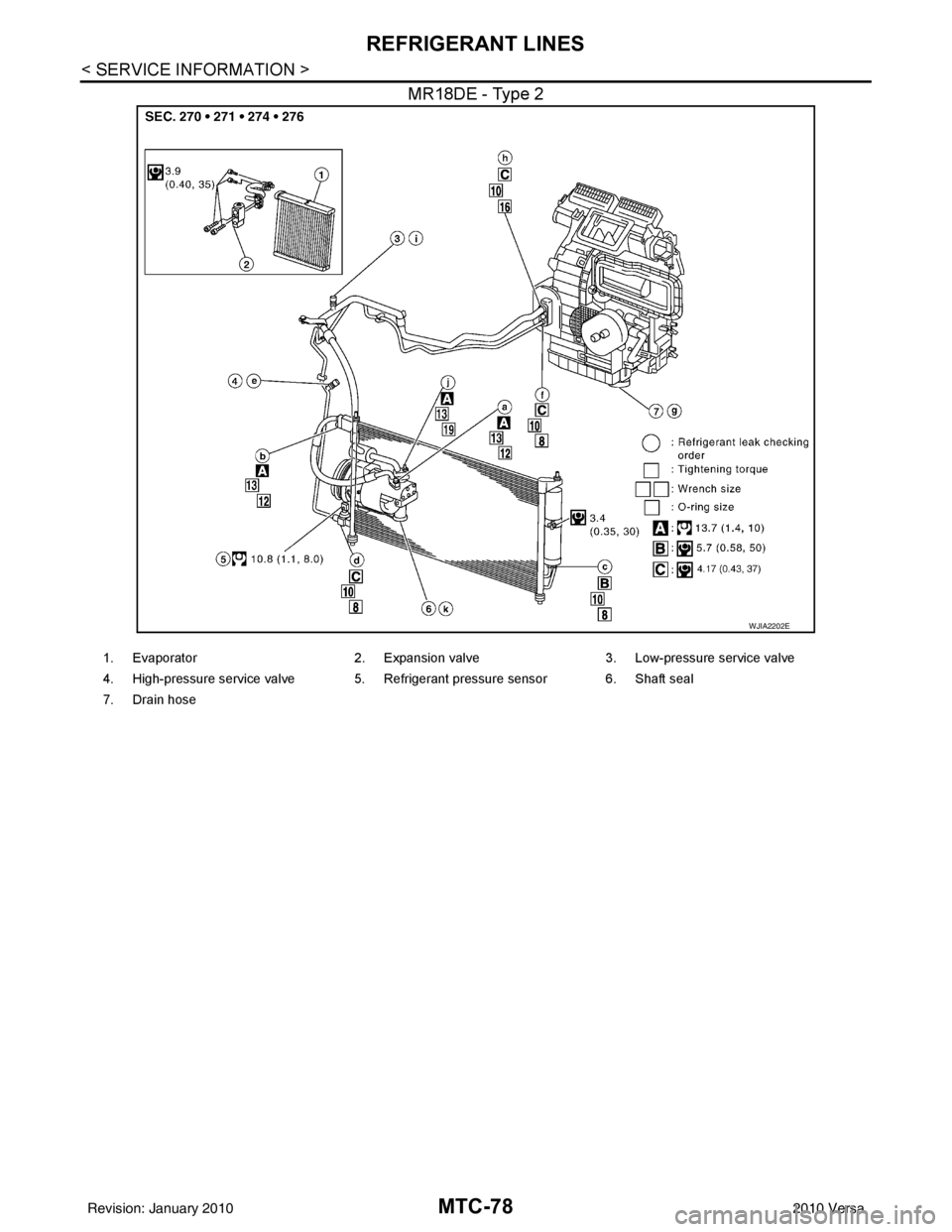 NISSAN LATIO 2010  Service Repair Manual MTC-78
< SERVICE INFORMATION >
REFRIGERANT LINES
MR18DE - Type 2
WJIA2202E
1. Evaporator2. Expansion valve 3. Low-pressure service valve
4. High-pressure service valve 5. Refrigerant pressure sensor 6