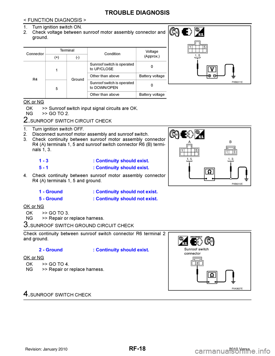 NISSAN LATIO 2010 Service Repair Manual RF-18
< FUNCTION DIAGNOSIS >
TROUBLE DIAGNOSIS
1. Turn ignition switch ON.
2. Check voltage between sunroof motor assembly connector andground.
OK or NG
OK >> Sunroof switch input signal circuits are NISSAN LATIO 2010 Service Repair Manual RF-18
< FUNCTION DIAGNOSIS >
TROUBLE DIAGNOSIS
1. Turn ignition switch ON.
2. Check voltage between sunroof motor assembly connector andground.
OK or NG
OK >> Sunroof switch input signal circuits are