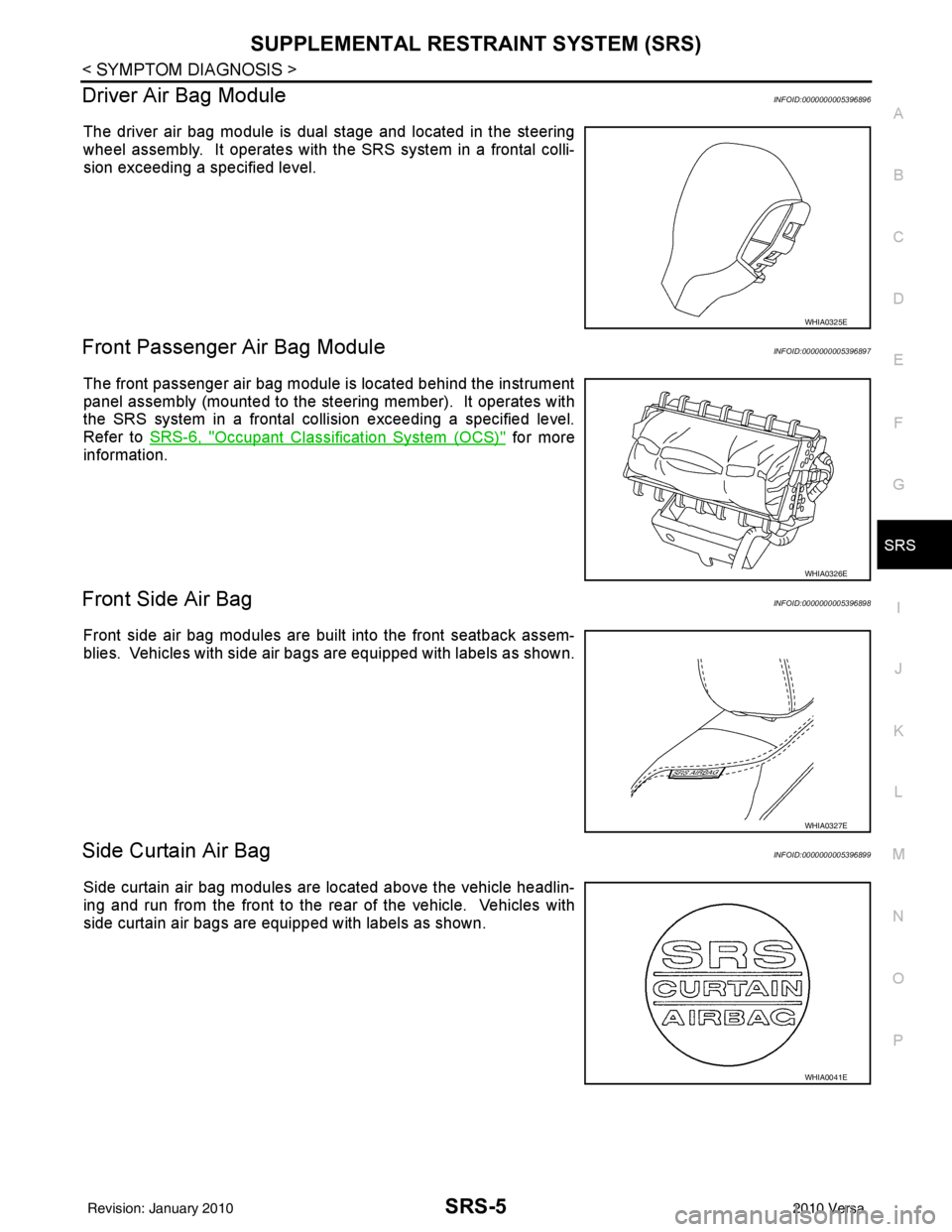NISSAN LATIO 2010 Service Repair Manual SUPPLEMENTAL RESTRAINT SYSTEM (SRS)SRS-5
< SYMPTOM DIAGNOSIS >
C
DE
F
G
I
J
K L
M A
B
SRS
N
O P
Driver Air Bag ModuleINFOID:0000000005396896
The driver air bag module is dual stage and located in the NISSAN LATIO 2010 Service Repair Manual SUPPLEMENTAL RESTRAINT SYSTEM (SRS)SRS-5
< SYMPTOM DIAGNOSIS >
C
DE
F
G
I
J
K L
M A
B
SRS
N
O P
Driver Air Bag ModuleINFOID:0000000005396896
The driver air bag module is dual stage and located in the
