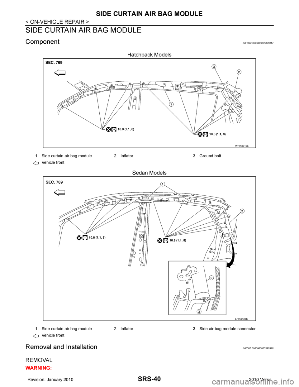 NISSAN LATIO 2010 Service Repair Manual SRS-40
< ON-VEHICLE REPAIR >
SIDE CURTAIN AIR BAG MODULE
SIDE CURTAIN AIR BAG MODULE
ComponentINFOID:0000000005396917
Hatchback ModelsSedan Models
Removal and InstallationINFOID:0000000005396918
REMOV NISSAN LATIO 2010 Service Repair Manual SRS-40
< ON-VEHICLE REPAIR >
SIDE CURTAIN AIR BAG MODULE
SIDE CURTAIN AIR BAG MODULE
ComponentINFOID:0000000005396917
Hatchback ModelsSedan Models
Removal and InstallationINFOID:0000000005396918
REMOV