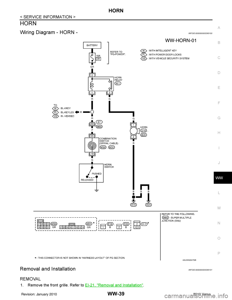 NISSAN LATIO 2010  Service Repair Manual HORN
WW-39
< SERVICE INFORMATION >
C
D E
F
G H
I
J
L
M A
B
WW
N
O P
HORN
Wiring Diagram - HORN -INFOID:0000000005395100
Removal and InstallationINFOID:0000000005395101
REMOVAL
1. Remove the front gril