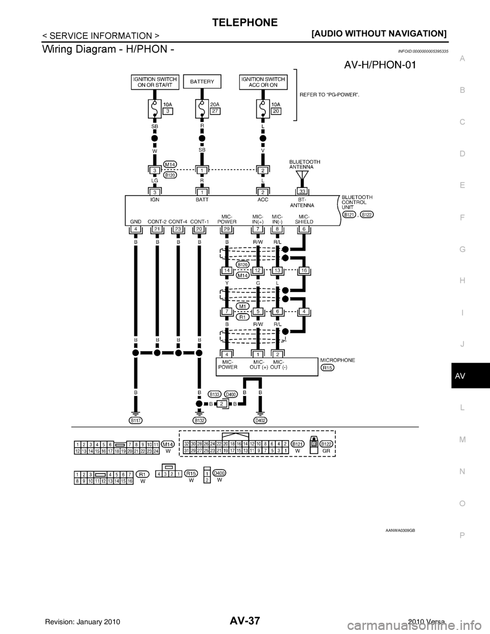 NISSAN LATIO 2010  Service Repair Manual TELEPHONEAV-37
< SERVICE INFORMATION > [AUDIO WITHOUT NAVIGATION]
C
D
E
F
G H
I
J
L
M A
B
AV
N
O P
Wiring Diagram - H/PHON -INFOID:0000000005395335
AANWA0309GB
Revision: January 20102010 Versa 