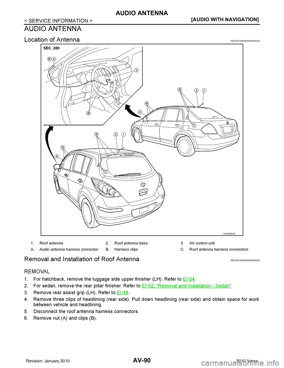 NISSAN LATIO 2010  Service Repair Manual AV-90
< SERVICE INFORMATION >[AUDIO WITH NAVIGATION]
AUDIO ANTENNA
AUDIO ANTENNA
Location of AntennaINFOID:0000000005924423
Removal and Installati
on of Roof AntennaINFOID:0000000005924424
REMOVAL
1. 