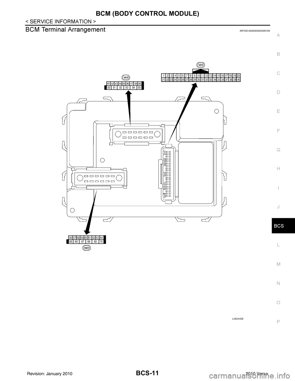 NISSAN LATIO 2010 Service Repair Manual BCM (BODY CONTROL MODULE)BCS-11
< SERVICE INFORMATION >
C
DE
F
G H
I
J
L
M A
B
BCS
N
O P
BCM Terminal ArrangementINFOID:0000000005395106
LIIA2443E
Revision: January 20102010 Versa NISSAN LATIO 2010 Service Repair Manual BCM (BODY CONTROL MODULE)BCS-11
< SERVICE INFORMATION >
C
DE
F
G H
I
J
L
M A
B
BCS
N
O P
BCM Terminal ArrangementINFOID:0000000005395106
LIIA2443E
Revision: January 20102010 Versa