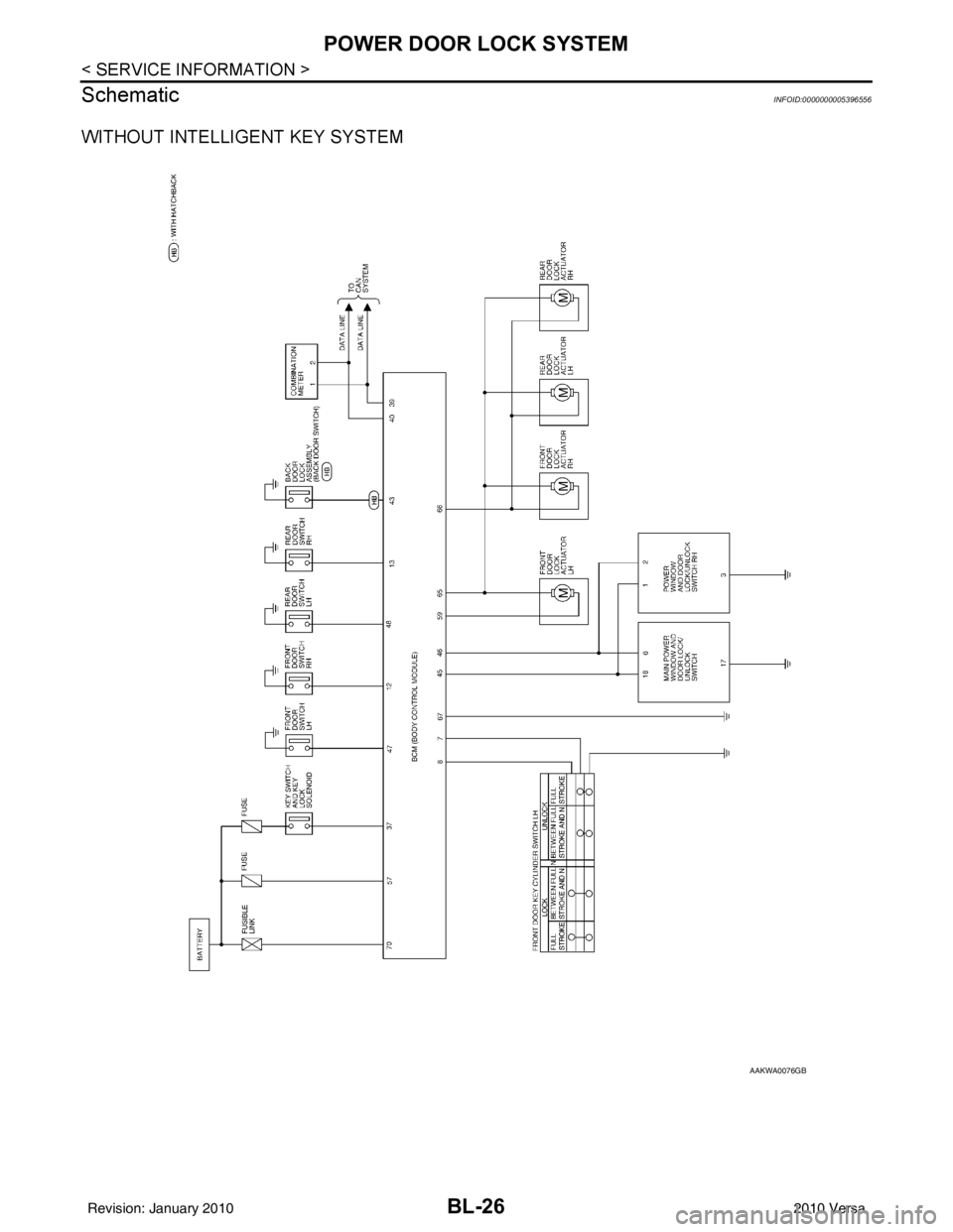 NISSAN LATIO 2010 Service Repair Manual BL-26
< SERVICE INFORMATION >
POWER DOOR LOCK SYSTEM
Schematic
INFOID:0000000005396556
WITHOUT INTELLIGENT KEY SYSTEM
AAKWA0076GB
Revision: January 20102010 Versa NISSAN LATIO 2010 Service Repair Manual BL-26
< SERVICE INFORMATION >
POWER DOOR LOCK SYSTEM
Schematic
INFOID:0000000005396556
WITHOUT INTELLIGENT KEY SYSTEM
AAKWA0076GB
Revision: January 20102010 Versa
