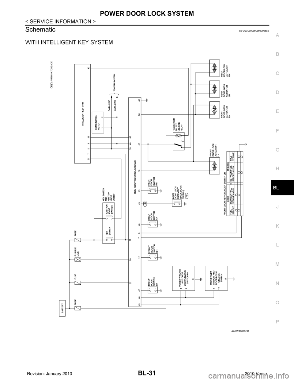 NISSAN LATIO 2010 Service Repair Manual POWER DOOR LOCK SYSTEMBL-31
< SERVICE INFORMATION >
C
DE
F
G H
J
K L
M A
B
BL
N
O P
SchematicINFOID:0000000005396558
WITH INTELLIGENT KEY SYSTEM
AAKWA0078GB
Revision: January 20102010 Versa NISSAN LATIO 2010 Service Repair Manual POWER DOOR LOCK SYSTEMBL-31
< SERVICE INFORMATION >
C
DE
F
G H
J
K L
M A
B
BL
N
O P
SchematicINFOID:0000000005396558
WITH INTELLIGENT KEY SYSTEM
AAKWA0078GB
Revision: January 20102010 Versa