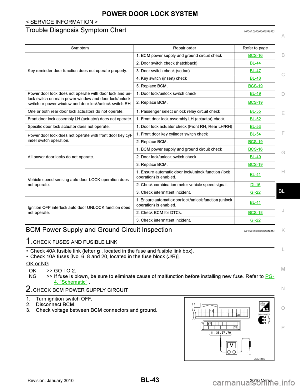 NISSAN LATIO 2010  Service Repair Manual POWER DOOR LOCK SYSTEMBL-43
< SERVICE INFORMATION >
C
DE
F
G H
J
K L
M A
B
BL
N
O P
Trouble Diagnosis Symptom ChartINFOID:0000000005396563
BCM Power Supply and Gr ound Circuit InspectionINFOID:0000000