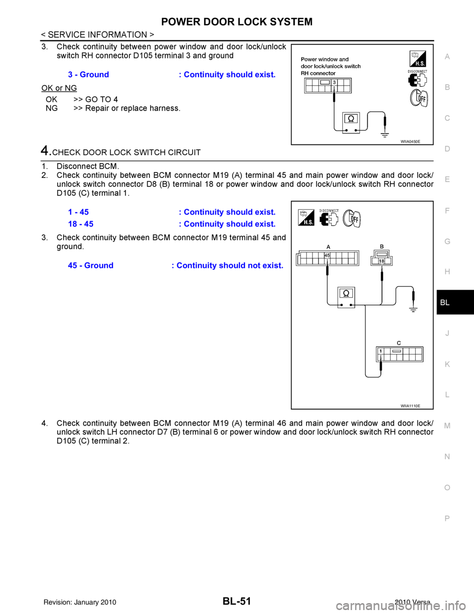 NISSAN LATIO 2010 Service Repair Manual POWER DOOR LOCK SYSTEMBL-51
< SERVICE INFORMATION >
C
DE
F
G H
J
K L
M A
B
BL
N
O P
3. Check continuity between power window and door lock/unlock switch RH connector D105 terminal 3 and ground
OK or N NISSAN LATIO 2010 Service Repair Manual POWER DOOR LOCK SYSTEMBL-51
< SERVICE INFORMATION >
C
DE
F
G H
J
K L
M A
B
BL
N
O P
3. Check continuity between power window and door lock/unlock switch RH connector D105 terminal 3 and ground
OK or N