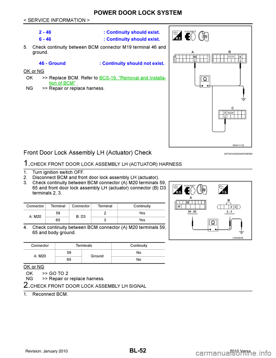 NISSAN LATIO 2010 Service Repair Manual BL-52
< SERVICE INFORMATION >
POWER DOOR LOCK SYSTEM
5. Check continuity between BCM connector M19 terminal 46 andground.
OK or NG
OK >> Replace BCM. Refer to BCS-19, "Removal and Installa-
tion of B NISSAN LATIO 2010 Service Repair Manual BL-52
< SERVICE INFORMATION >
POWER DOOR LOCK SYSTEM
5. Check continuity between BCM connector M19 terminal 46 andground.
OK or NG
OK >> Replace BCM. Refer to BCS-19, "Removal and Installa-
tion of B
