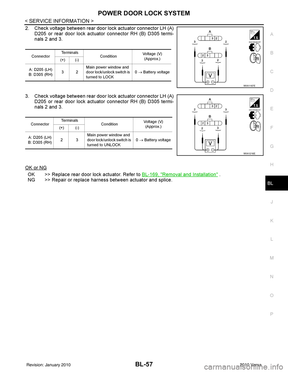 NISSAN LATIO 2010 Service Repair Manual POWER DOOR LOCK SYSTEMBL-57
< SERVICE INFORMATION >
C
DE
F
G H
J
K L
M A
B
BL
N
O P
2. Check voltage between rear door lock actuator connector LH (A) D205 or rear door lock actuator connector RH (B) D NISSAN LATIO 2010 Service Repair Manual POWER DOOR LOCK SYSTEMBL-57
< SERVICE INFORMATION >
C
DE
F
G H
J
K L
M A
B
BL
N
O P
2. Check voltage between rear door lock actuator connector LH (A) D205 or rear door lock actuator connector RH (B) D