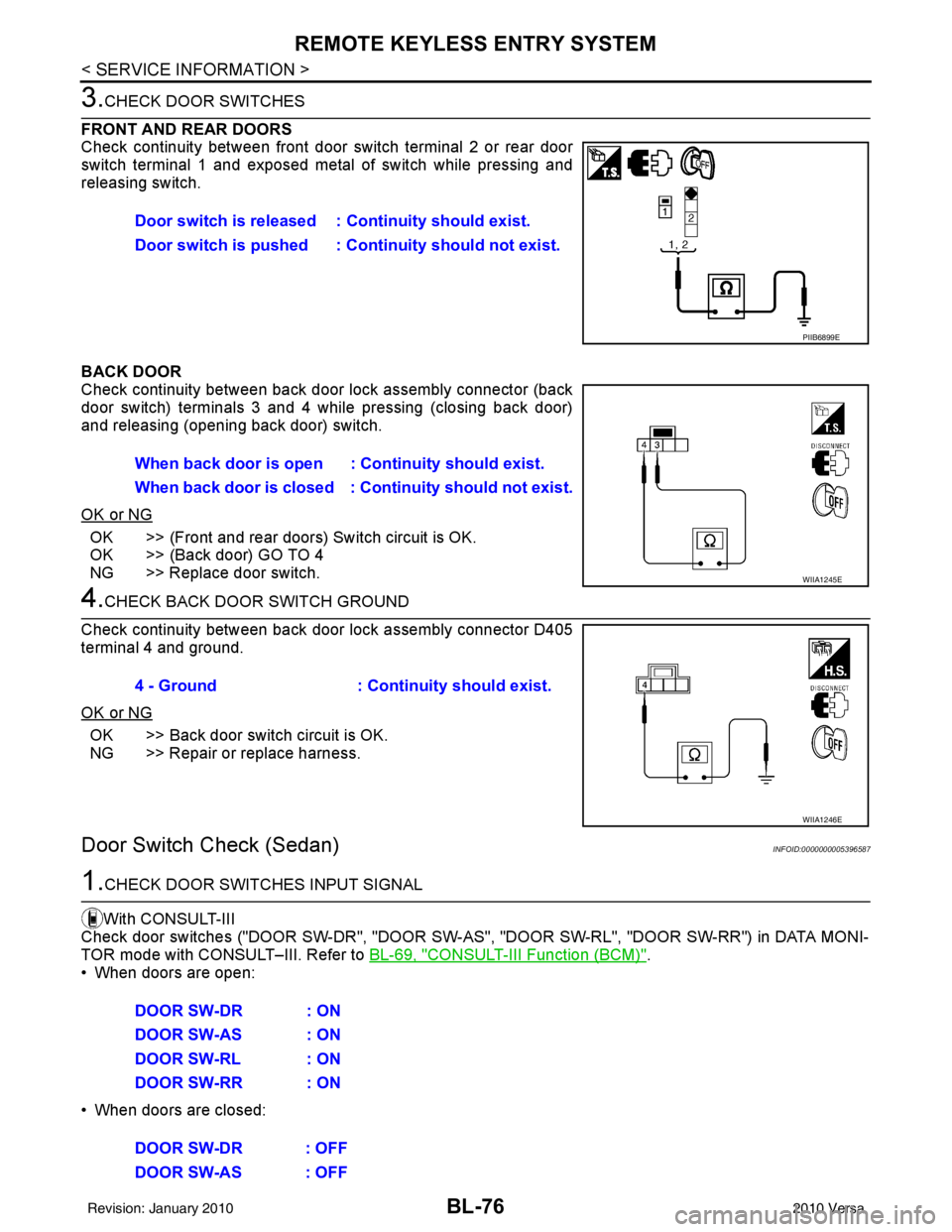 NISSAN LATIO 2010  Service Repair Manual BL-76
< SERVICE INFORMATION >
REMOTE KEYLESS ENTRY SYSTEM
3.CHECK DOOR SWITCHES
FRONT AND REAR DOORS
Check continuity between front door switch terminal 2 or rear door
switch terminal 1 and exposed me