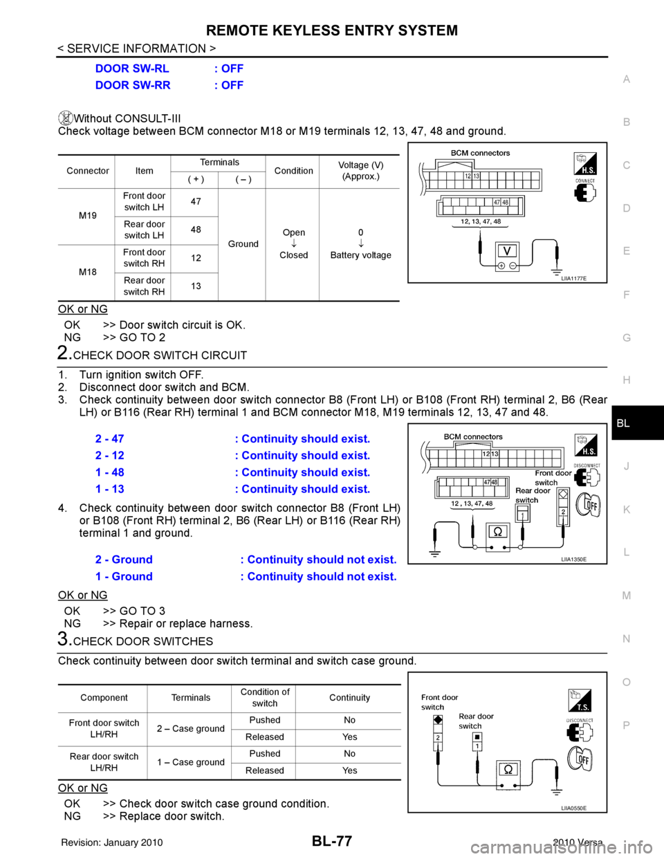 NISSAN LATIO 2010  Service Repair Manual REMOTE KEYLESS ENTRY SYSTEMBL-77
< SERVICE INFORMATION >
C
DE
F
G H
J
K L
M A
B
BL
N
O P
Without CONSULT-III
Check voltage between BCM connector M18 or M19 terminals 12, 13, 47, 48 and ground.
OK or N