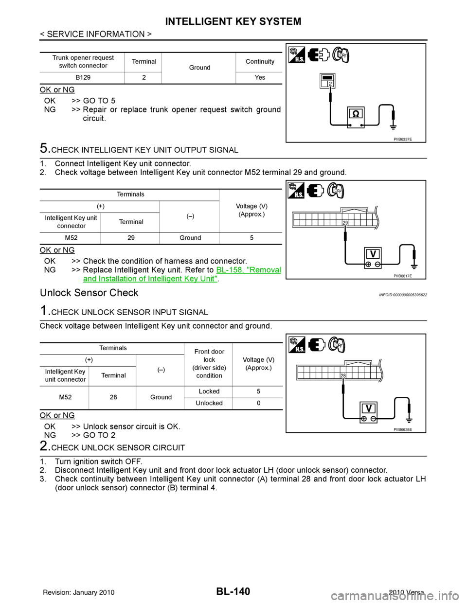 NISSAN LATIO 2010 Service Repair Manual BL-140
< SERVICE INFORMATION >
INTELLIGENT KEY SYSTEM
OK or NG
OK >> GO TO 5
NG >> Repair or replace trunk opener request switch groundcircuit.
5.CHECK INTELLIGENT KEY UNIT OUTPUT SIGNAL
1. Connect In NISSAN LATIO 2010 Service Repair Manual BL-140
< SERVICE INFORMATION >
INTELLIGENT KEY SYSTEM
OK or NG
OK >> GO TO 5
NG >> Repair or replace trunk opener request switch groundcircuit.
5.CHECK INTELLIGENT KEY UNIT OUTPUT SIGNAL
1. Connect In