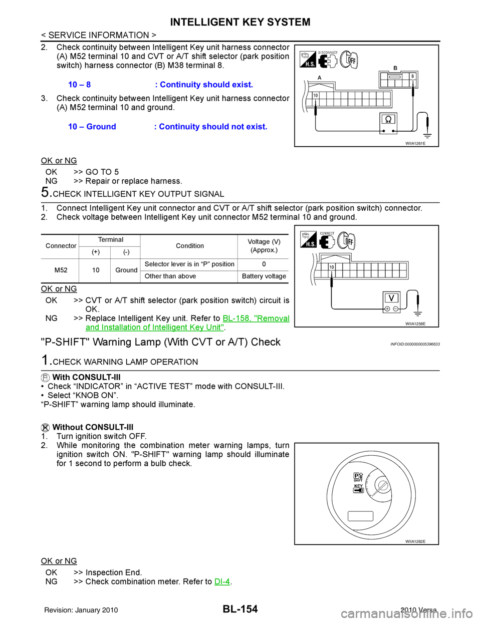 NISSAN LATIO 2010  Service Repair Manual BL-154
< SERVICE INFORMATION >
INTELLIGENT KEY SYSTEM
2. Check continuity between Intelligent Key unit harness connector
(A) M52 terminal 10 and CVT or A/T shift selector (park position
switch) harnes