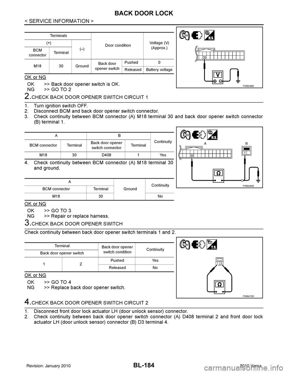 NISSAN LATIO 2010 Service Repair Manual BL-184
< SERVICE INFORMATION >
BACK DOOR LOCK
OK or NG
OK >> Back door opener switch is OK.
NG >> GO TO 2
2.CHECK BACK DOOR OPENER SWITCH CIRCUIT 1
1. Turn ignition switch OFF.
2. Disconnect BCM and b NISSAN LATIO 2010 Service Repair Manual BL-184
< SERVICE INFORMATION >
BACK DOOR LOCK
OK or NG
OK >> Back door opener switch is OK.
NG >> GO TO 2
2.CHECK BACK DOOR OPENER SWITCH CIRCUIT 1
1. Turn ignition switch OFF.
2. Disconnect BCM and b