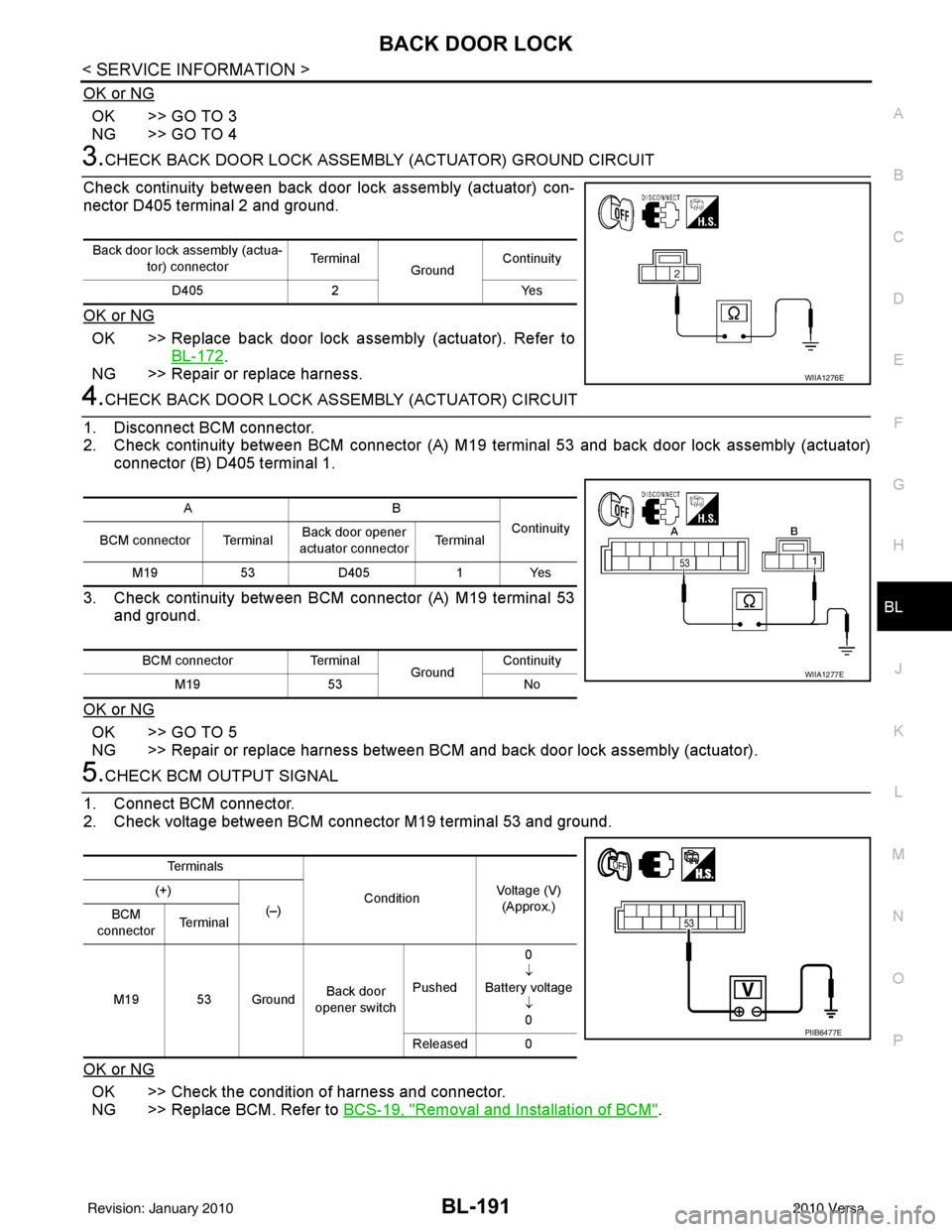 NISSAN LATIO 2010 Service Repair Manual BACK DOOR LOCKBL-191
< SERVICE INFORMATION >
C
DE
F
G H
J
K L
M A
B
BL
N
O P
OK or NG
OK >> GO TO 3
NG >> GO TO 4
3.CHECK BACK DOOR LOCK ASSEMBLY (ACTUATOR) GROUND CIRCUIT
Check continuity between bac NISSAN LATIO 2010 Service Repair Manual BACK DOOR LOCKBL-191
< SERVICE INFORMATION >
C
DE
F
G H
J
K L
M A
B
BL
N
O P
OK or NG
OK >> GO TO 3
NG >> GO TO 4
3.CHECK BACK DOOR LOCK ASSEMBLY (ACTUATOR) GROUND CIRCUIT
Check continuity between bac