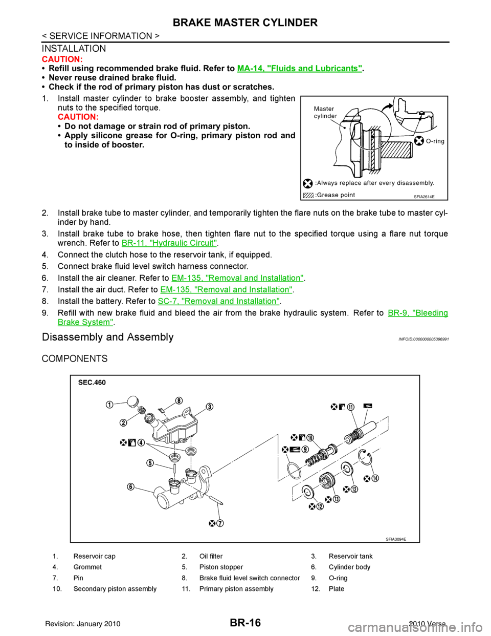 NISSAN LATIO 2010  Service Repair Manual BR-16
< SERVICE INFORMATION >
BRAKE MASTER CYLINDER
INSTALLATION
CAUTION:
• Refill using recommended brake fluid. Refer to MA-14, "
Fluids and Lubricants".
• Never reuse drained brake fluid.
• C