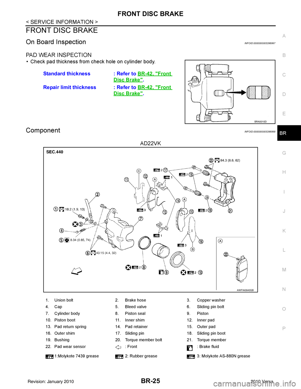 NISSAN LATIO 2010  Service Repair Manual FRONT DISC BRAKEBR-25
< SERVICE INFORMATION >
C
DE
G H
I
J
K L
M A
B
BR
N
O P
FRONT DISC BRAKE
On Board InspectionINFOID:0000000005396997
PAD WEAR INSPECTION
• Check pad thickness from check hole on