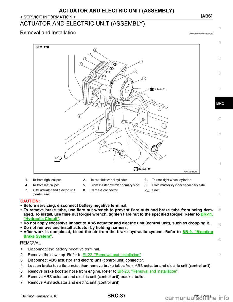 NISSAN LATIO 2010  Service Repair Manual ACTUATOR AND ELECTRIC UNIT (ASSEMBLY)BRC-37
< SERVICE INFORMATION > [ABS]
C
D
E
G H
I
J
K L
M A
B
BRC
N
O P
ACTUATOR AND ELECTRIC UNIT (ASSEMBLY)
Removal and InstallationINFOID:0000000005397053
CAUTIO