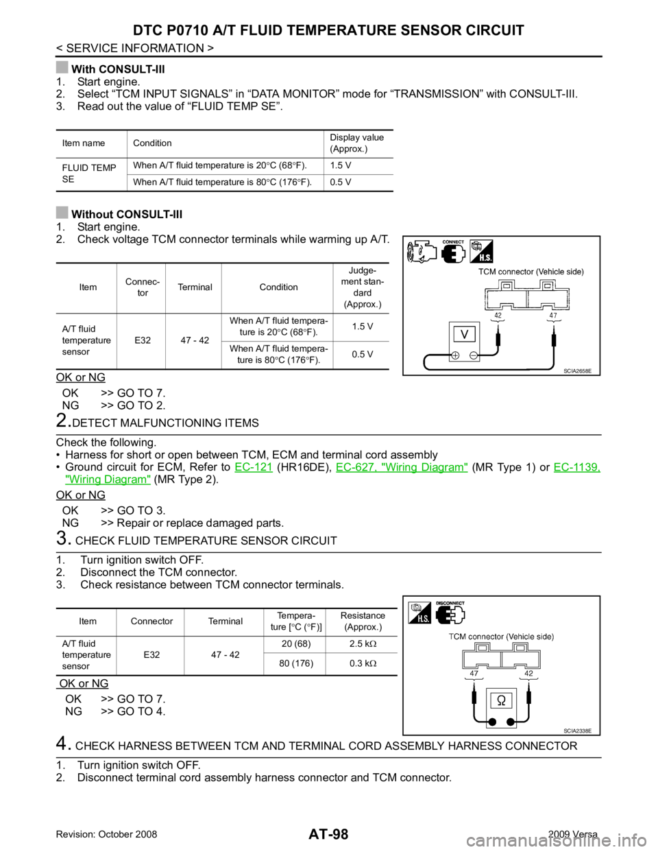 NISSAN LATIO 2009  Service Repair Manual OK >> GO TO 7.
NG >> GO TO 2.  (HR16DE),  
EC-627,  " Wiring  Diagram "  (MR  Type  1)  or  
EC-1139," Wiring Diagram "  (MR Type 2).
OK or NG OK >> GO TO 3.
NG >> Repair or replace damaged parts.  OK