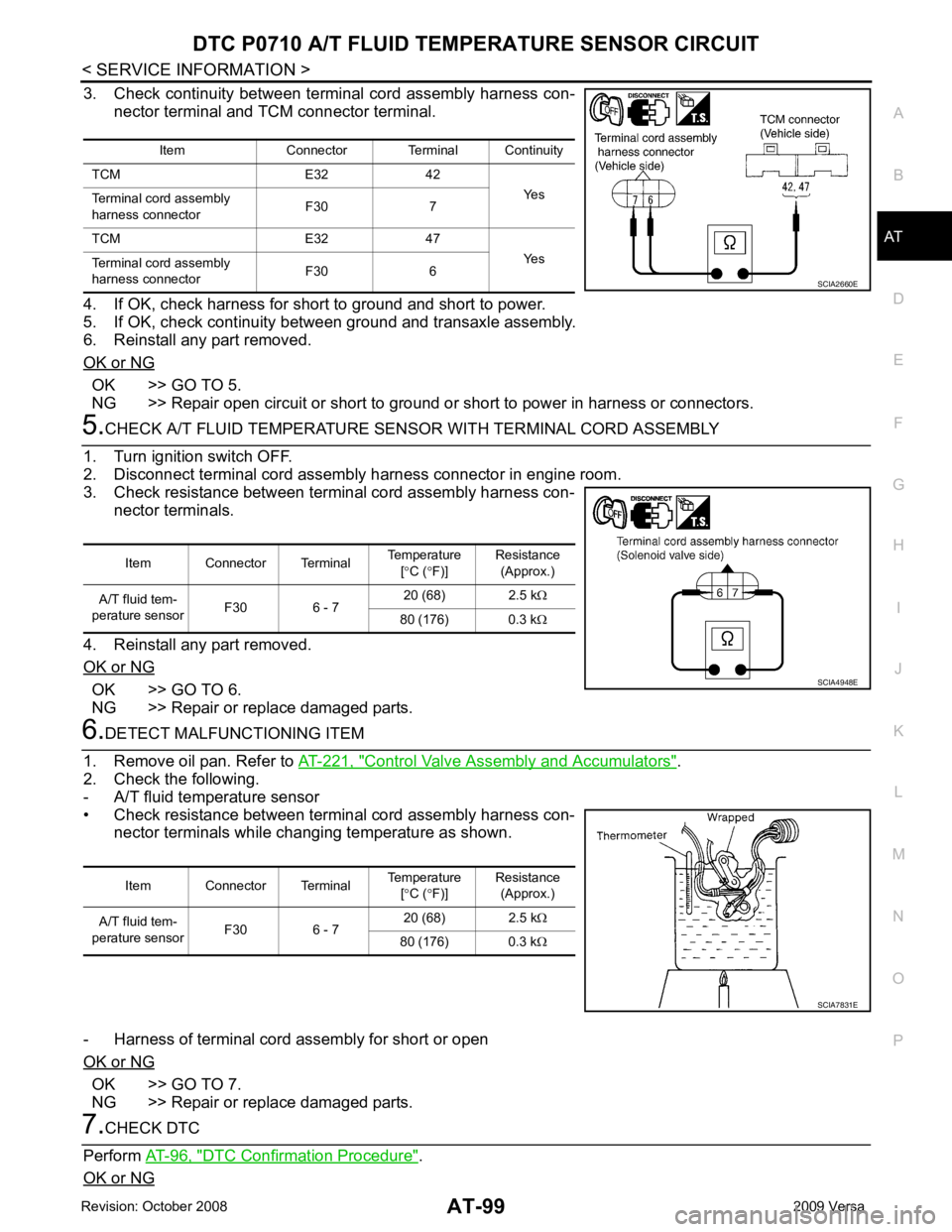NISSAN LATIO 2009  Service Repair Manual AT
N
O P
3. Check continuity between terminal cord assembly harness con-
nector terminal and TCM connector terminal.
4. If OK, check harness for short to ground and short to power.
5. If OK, check con