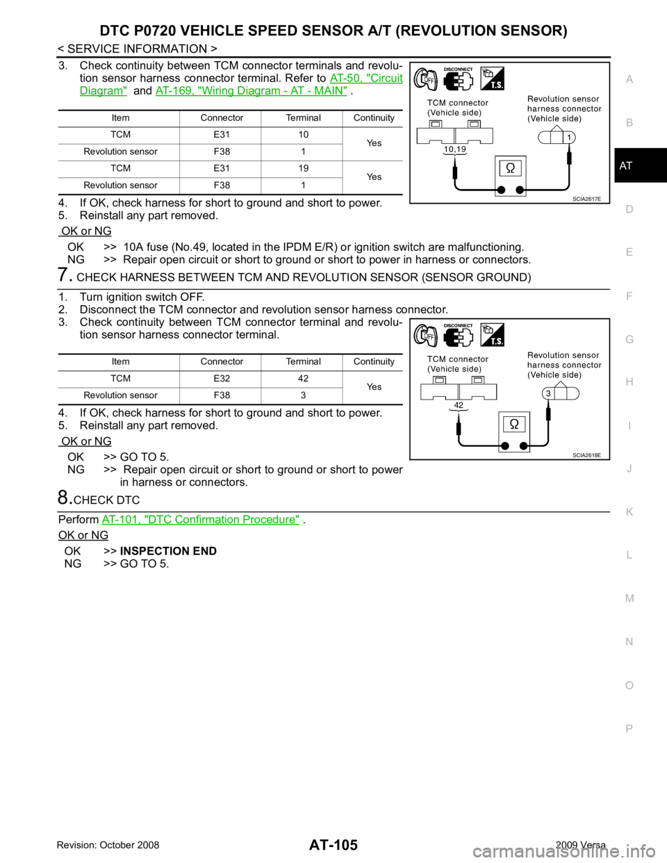 NISSAN LATIO 2009  Service Repair Manual AT
N
O P
3. Check continuity between TCM connector terminals and revolu-
tion sensor harness connector terminal. Refer to  AT-50, " Circuit
Diagram "   and 
AT-169, " Wiring Diagram - AT - MAIN "  .
4