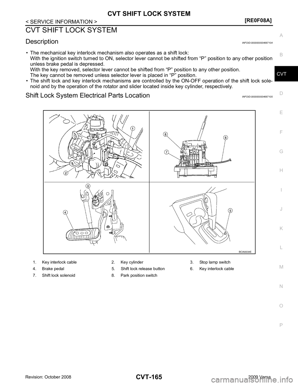 NISSAN LATIO 2009 Service Repair Manual CVT
N
O P
CVT SHIFT LOCK SYSTEM
Description INFOID:0000000004667104
• The mechanical key interlock mechanism also operates as a shift lock: With the ignition switch turned to ON, selector lever can NISSAN LATIO 2009 Service Repair Manual CVT
N
O P
CVT SHIFT LOCK SYSTEM
Description INFOID:0000000004667104
• The mechanical key interlock mechanism also operates as a shift lock: With the ignition switch turned to ON, selector lever can