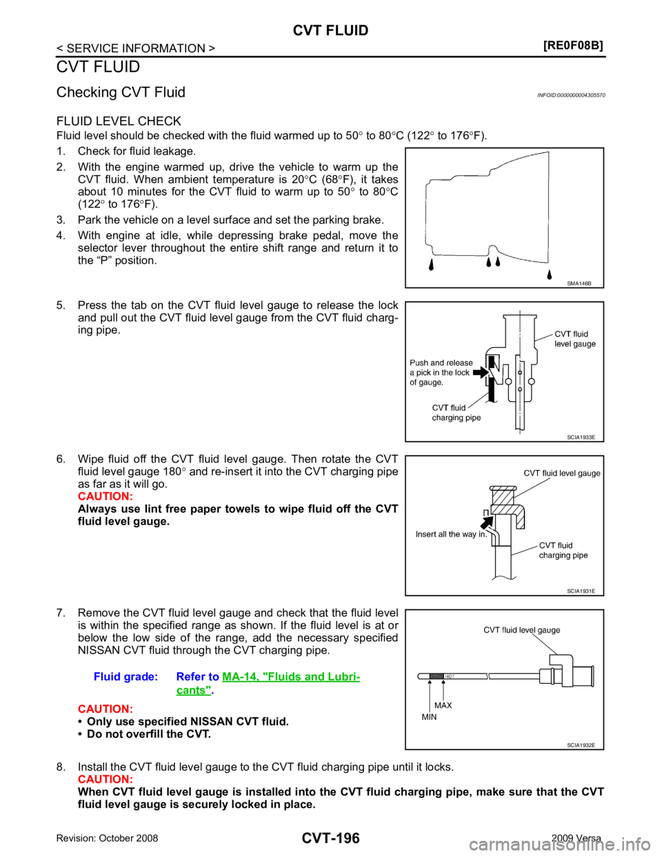 NISSAN LATIO 2009  Service Repair Manual CVT-196< SERVICE INFORMATION >
[RE0F08B]
CVT FLUID
CVT FLUID
Checking CVT Fluid INFOID:0000000004305570
FLUID LEVEL CHECK
Fluid level should be checked with the fluid warmed up to 50 ° to 80 °C (122