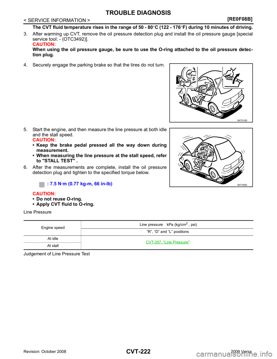 NISSAN LATIO 2009  Service Repair Manual CVT-222< SERVICE INFORMATION >
[RE0F08B]
TROUBLE DIAGNOSIS
The CVT fluid temperature rises in the range of 50 - 80 °C (122 - 176 °F) during 10 minutes of driving.
3. After warming up CVT, remove the