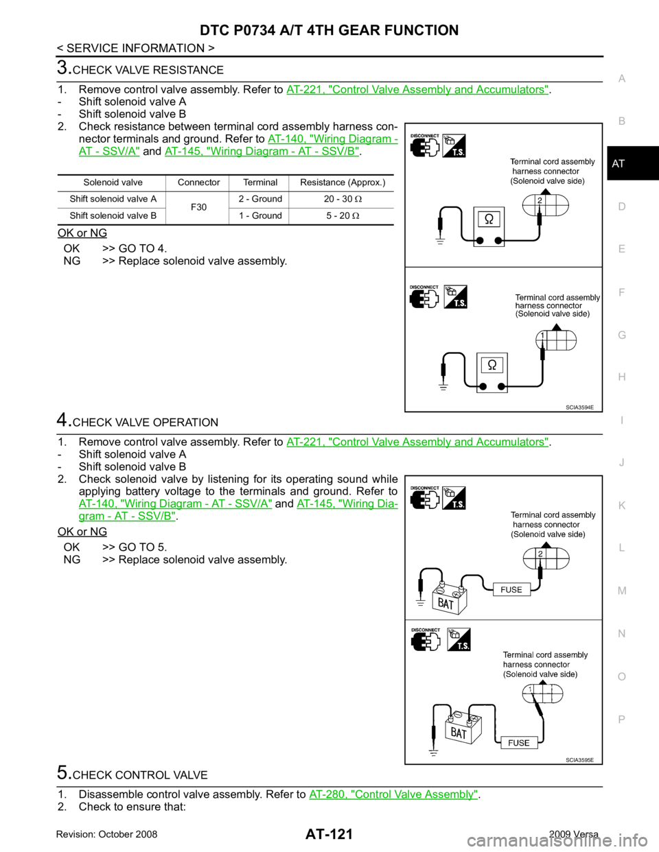 NISSAN LATIO 2009 Service Repair Manual DTC P0734 A/T 4TH GEAR FUNCTION
AT-121
< SERVICE INFORMATION >
D
E
F
G H
I
J
K L
M A
B AT
N
O P 3.
CHECK VALVE RESISTANCE
1. Remove control valve assembly. Refer to AT-221, " Control Valve Assembly a NISSAN LATIO 2009 Service Repair Manual DTC P0734 A/T 4TH GEAR FUNCTION
AT-121
< SERVICE INFORMATION >
D
E
F
G H
I
J
K L
M A
B AT
N
O P 3.
CHECK VALVE RESISTANCE
1. Remove control valve assembly. Refer to AT-221, " Control Valve Assembly a